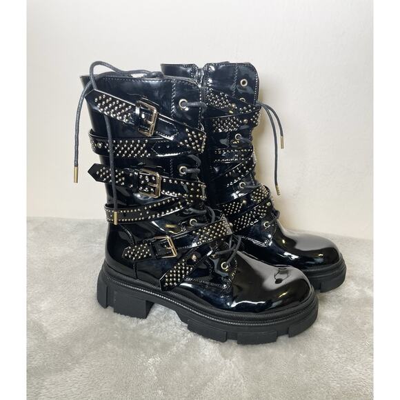 Azalea Wang One Good Reason To Stay Black Patent Strappy Boot Size 8 Combat Boot - Picture 1 of 5